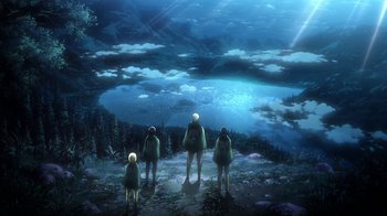 Movie still from “Attack on Titan” (2013), directed by Masashi Koizuka – A group of people standing on top of a hill; Extreme Wide shot, Overhead angle