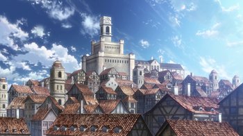 Movie still from “Attack on Titan” (2013), directed by Masashi Koizuka – An image of a city with a clock tower in the background; Extreme Wide shot, High angle