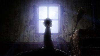 Movie still from “Attack on Titan” (2013), directed by Masashi Koizuka – A child sitting in front of a window in a room; Wide shot, Low angle