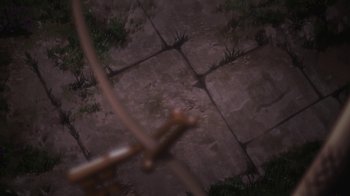 Movie still from “Attack on Titan” (2013), directed by Masashi Koizuka – An image of an arrow in the middle of the ground; Extreme Close Up shot, Overhead angle