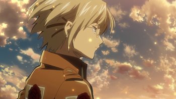 Movie still from “Attack on Titan” (2013), directed by Masashi Koizuka – A person looking at the sky; Close Up shot, Low angle