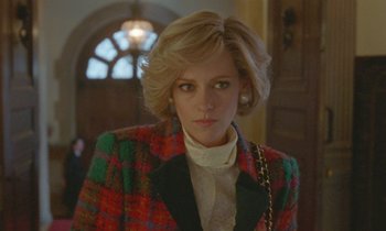 Movie still from “Spencer” (2021), directed by Pablo Larraín – A person wearing a jacket; Close Up shot, Over the shoulder angle