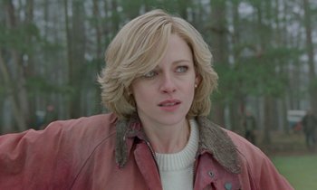 Movie still from “Spencer” (2021), directed by Pablo Larraín – A person wearing a jacket; Close Up shot, Over the shoulder angle