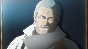 Movie still from “Attack on Titan” (2013), directed by Masashi Koizuka – An old man with a long white beard is holding papers; Close Up shot, High angle
