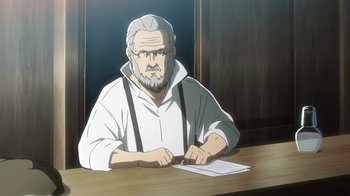 Movie still from “Attack on Titan” (2013), directed by Masashi Koizuka – An older man sitting at a table with papers; Medium shot, Over the shoulder angle