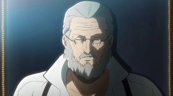 Movie still from “Attack on Titan” (2013), directed by Masashi Koizuka – An old man with a white beard is looking at the camera; Close Up shot, Low angle