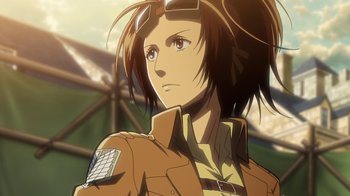 Movie still from “Attack on Titan” (2013), directed by Masashi Koizuka – An animated picture of a woman with a serious look on her face; Close Up shot, Low angle
