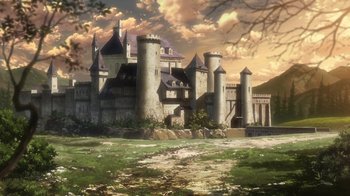 Movie still from “Attack on Titan” (2013), directed by Masashi Koizuka – An image of a castle in the middle of a field; Extreme Wide shot, Low angle