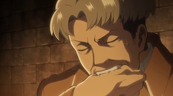 Movie still from “Attack on Titan” (2013), directed by Masashi Koizuka – An animated man with his head down and his eyes closed; Extreme Close Up shot, Low angle