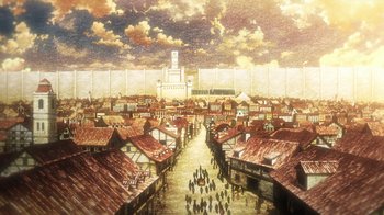 Movie still from “Attack on Titan” (2013), directed by Masashi Koizuka – A painting of an old town with a lot of people walking on it; Extreme Wide shot, High angle