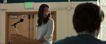 Movie still from “Spider-Man: Homecoming” (2017), directed by Jon Watts – A woman standing in front of a man in front of a door; Medium shot, Over the shoulder angle