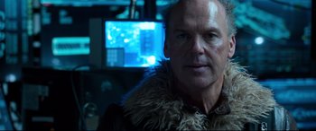 Movie still from “Spider-Man: Homecoming” (2017), directed by Jon Watts – A person wearing a fur coat; Close Up shot, Low angle