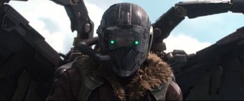 Movie still from “Spider-Man: Homecoming” (2017), directed by Jon Watts – A person wearing a helmet; Close Up shot, Low angle