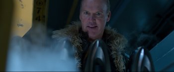 Movie still from “Spider-Man: Homecoming” (2017), directed by Jon Watts – A person wearing a fur coat; Close Up shot, Low angle
