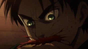 Movie still from “Attack on Titan” (2013), directed by Masashi Koizuka – An animated picture of a man with a knife in his mouth; Extreme Close Up shot, Overhead angle