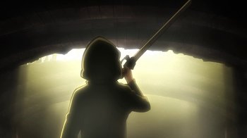Movie still from “Attack on Titan” (2013), directed by Masashi Koizuka – A person holding a fishing rod in the dark; Wide shot, Low angle