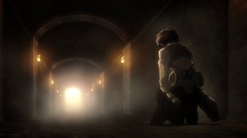 Movie still from “Attack on Titan” (2013), directed by Masashi Koizuka – A man standing in a dark room next to a light; Wide shot, Low angle