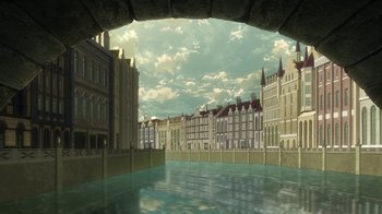 Movie still from “Attack on Titan” (2013), directed by Masashi Koizuka – An artistic rendering of a city with a bridge; Extreme Wide shot, High angle