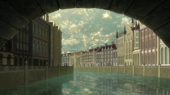 Movie still from “Attack on Titan” (2013), directed by Masashi Koizuka – An artistic rendering of a city with a river and a bridge; Extreme Wide shot, High angle
