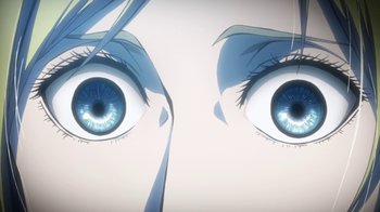 Movie still from “Attack on Titan” (2013), directed by Masashi Koizuka – An animated picture of a woman's eyes; Extreme Close Up shot, Overhead angle