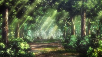 Movie still from “Attack on Titan” (2013), directed by Masashi Koizuka – A painting of a path through the woods with sunlight coming through the trees; Extreme Wide shot, High angle