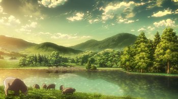 Movie still from “Attack on Titan” (2013), directed by Masashi Koizuka – Sheep grazing on grass near a body of water; Extreme Wide shot, High angle