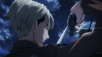 Movie still from “Attack on Titan” (2013), directed by Masashi Koizuka – A man holding a sword in front of another man with a sword; Close Up shot, Low angle
