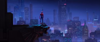 Movie still from “Spider-Man: Into the Spider-Verse” (2018), directed by Peter Ramsey – A man standing on top of a building near buildings; Extreme Wide shot, Low angle