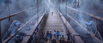 Movie still from “Spider-Man: Into the Spider-Verse” (2018), directed by Peter Ramsey – A crowd of people standing on top of a wooden bridge; Extreme Wide shot, High angle