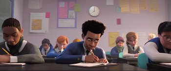 Movie still from “Spider-Man: Into the Spider-Verse” (2018), directed by Peter Ramsey – An animated man is writing in a notebook; Medium shot, Over the shoulder angle