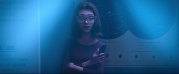 Movie still from “Spider-Man: Into the Spider-Verse” (2018), directed by Peter Ramsey – A woman with glasses is holding a cell phone; Medium shot, Low angle