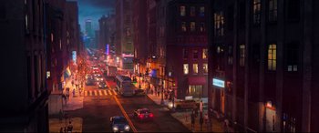 Movie still from “Spider-Man: Into the Spider-Verse” (2018), directed by Peter Ramsey – A city street filled with lots of traffic at night; Extreme Wide shot, High angle