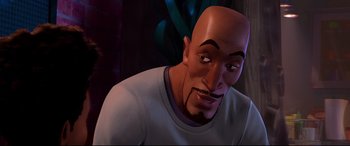 Movie still from “Spider-Man: Into the Spider-Verse” (2018), directed by Peter Ramsey – An animated man with a bald head is looking at the camera; Close Up shot, Over the shoulder angle