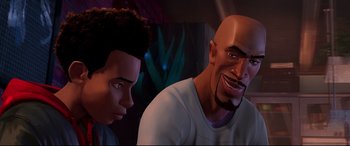 Movie still from “Spider-Man: Into the Spider-Verse” (2018), directed by Peter Ramsey – A man and a boy are looking at each other; Close Up shot, Over the shoulder angle