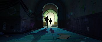 Movie still from “Spider-Man: Into the Spider-Verse” (2018), directed by Peter Ramsey – A man and a child are standing in a tunnel; Extreme Wide shot, Low angle