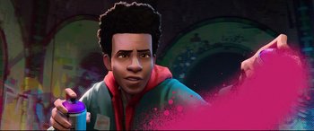 Movie still from “Spider-Man: Into the Spider-Verse” (2018), directed by Peter Ramsey – An image of a man that is looking at the camera; Close Up shot, Over the shoulder angle
