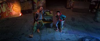 Movie still from “Spider-Man: Into the Spider-Verse” (2018), directed by Peter Ramsey – A couple of people that are sitting on a chair; Wide shot, High angle