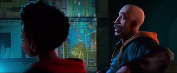 Movie still from “Spider-Man: Into the Spider-Verse” (2018), directed by Peter Ramsey – A man and a woman talking in front of a window; Medium shot, Over the shoulder angle