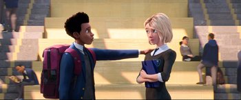 Movie still from “Spider-Man: Into the Spider-Verse” (2018), directed by Peter Ramsey – A man and a woman standing next to each other; Medium shot, Over the shoulder angle