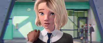 Movie still from “Spider-Man: Into the Spider-Verse” (2018), directed by Peter Ramsey – An animated woman with blonde hair wearing a blue tie; Close Up shot, Over the shoulder angle