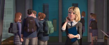 Movie still from “Spider-Man: Into the Spider-Verse” (2018), directed by Peter Ramsey – A cartoon of a girl with a blue backpack; Medium shot, Over the shoulder angle
