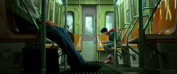 Movie still from “Spider-Man: Into the Spider-Verse” (2018), directed by Peter Ramsey – Two people are sitting on a subway train; Wide shot, High angle