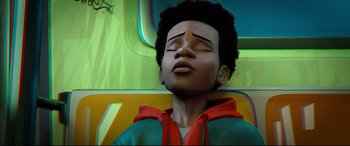 Movie still from “Spider-Man: Into the Spider-Verse” (2018), directed by Peter Ramsey – A cartoon of a person sleeping on a bed; Close Up shot, Low angle