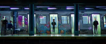 Movie still from “Spider-Man: Into the Spider-Verse” (2018), directed by Peter Ramsey – A man standing in front of a subway train; Extreme Wide shot, Overhead angle
