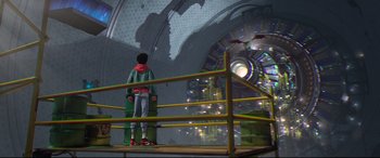 Movie still from “Spider-Man: Into the Spider-Verse” (2018), directed by Peter Ramsey – A person standing on a boxing ring in front of a window; Wide shot, Low angle