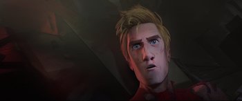 Movie still from “Spider-Man: Into the Spider-Verse” (2018), directed by Peter Ramsey – A man with blonde hair is looking at the camera; Close Up shot, Low angle