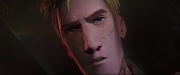 Movie still from “Spider-Man: Into the Spider-Verse” (2018), directed by Peter Ramsey – An illustration of a man's face in a painting style; Extreme Close Up shot, Low angle