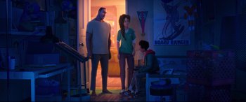 Movie still from “Spider-Man: Into the Spider-Verse” (2018), directed by Peter Ramsey – A group of people standing in a room; Wide shot, Over the shoulder angle