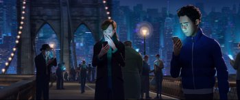 Movie still from “Spider-Man: Into the Spider-Verse” (2018), directed by Peter Ramsey – A person with a face mask is looking at a cell phone; Medium shot, Over the shoulder angle