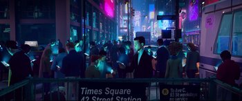 Movie still from “Spider-Man: Into the Spider-Verse” (2018), directed by Peter Ramsey – A crowd of people walking down a street at night; Extreme Wide shot, High angle